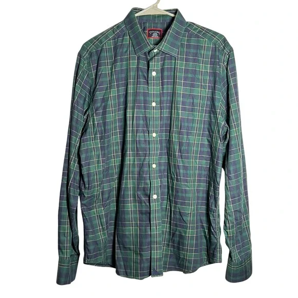 UNTUCKIT Mens Large Langon Green Navy Plaid Wrinkle Free Cotton Dress Shirt - Picture 5 of 6
